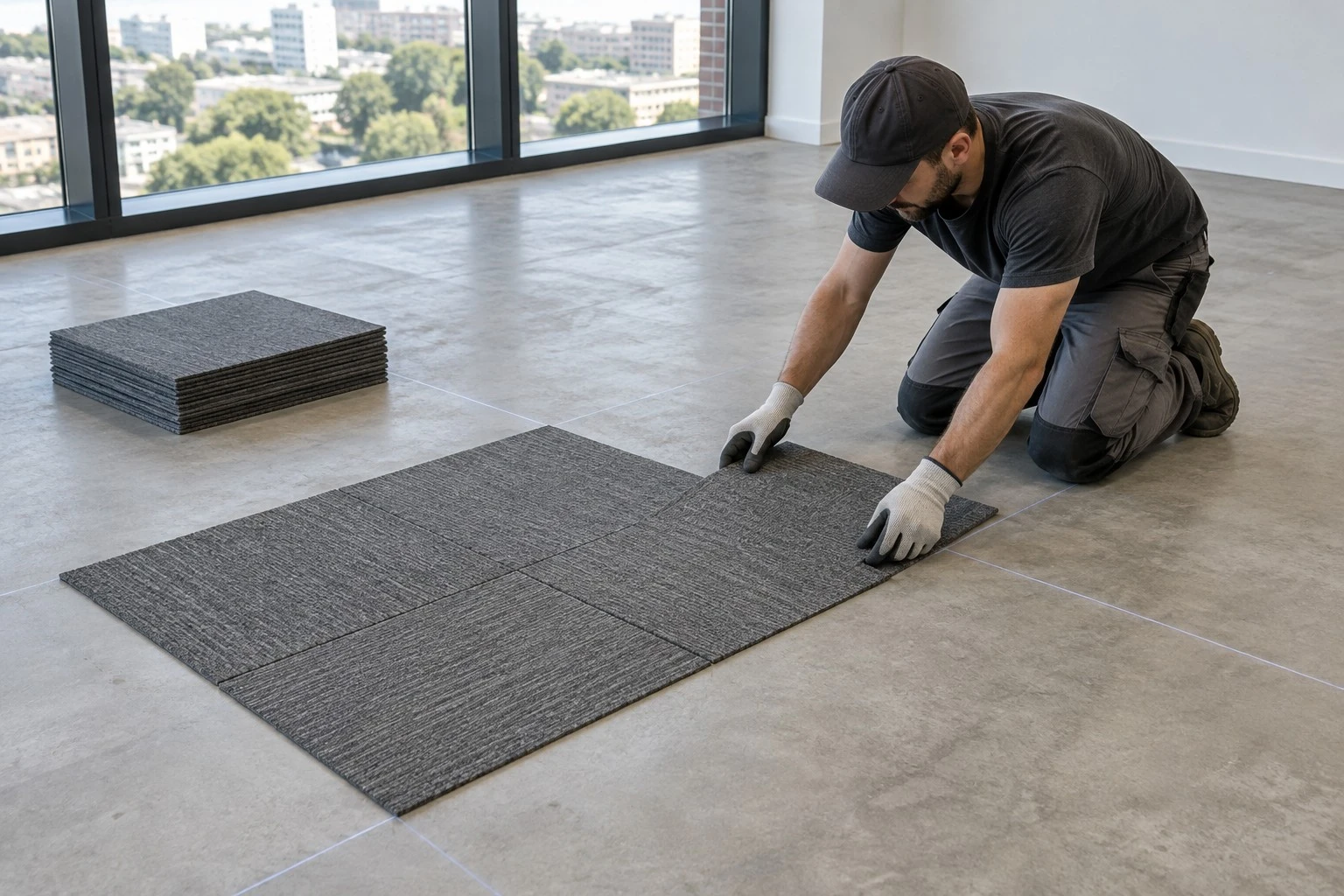 Dry Laying Carpet Tiles Along Guide Lines Dry Laying Carpet Tiles Along Guide Lines