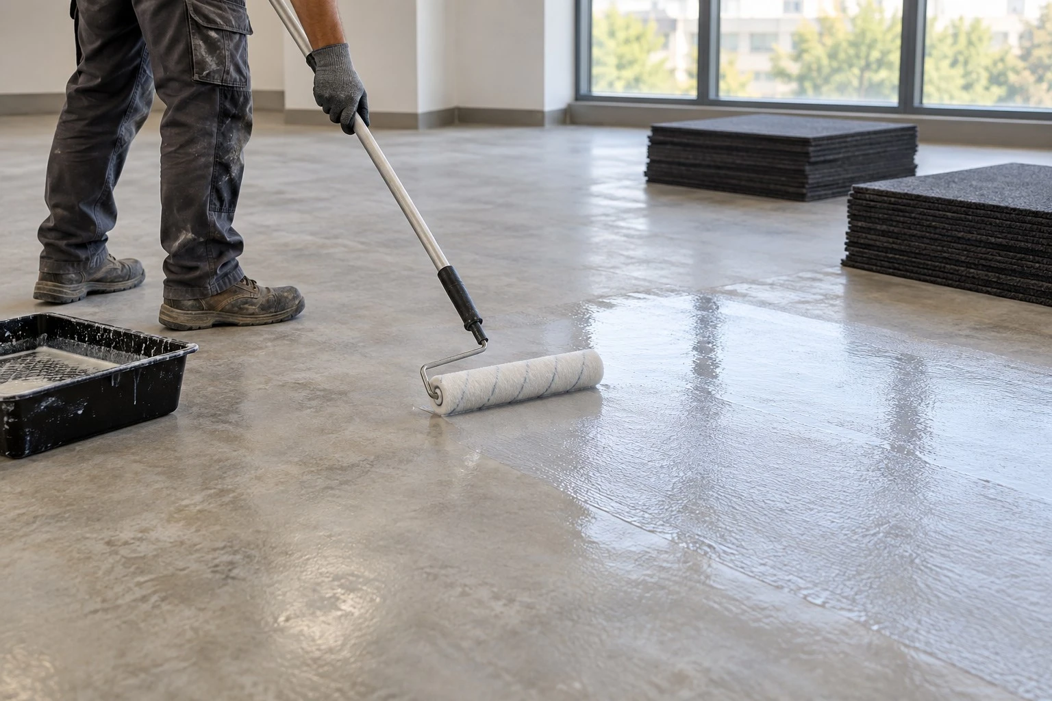 Applying Water Based Carpet Tile Tackifier Applying Water Based Carpet Tile Tackifier